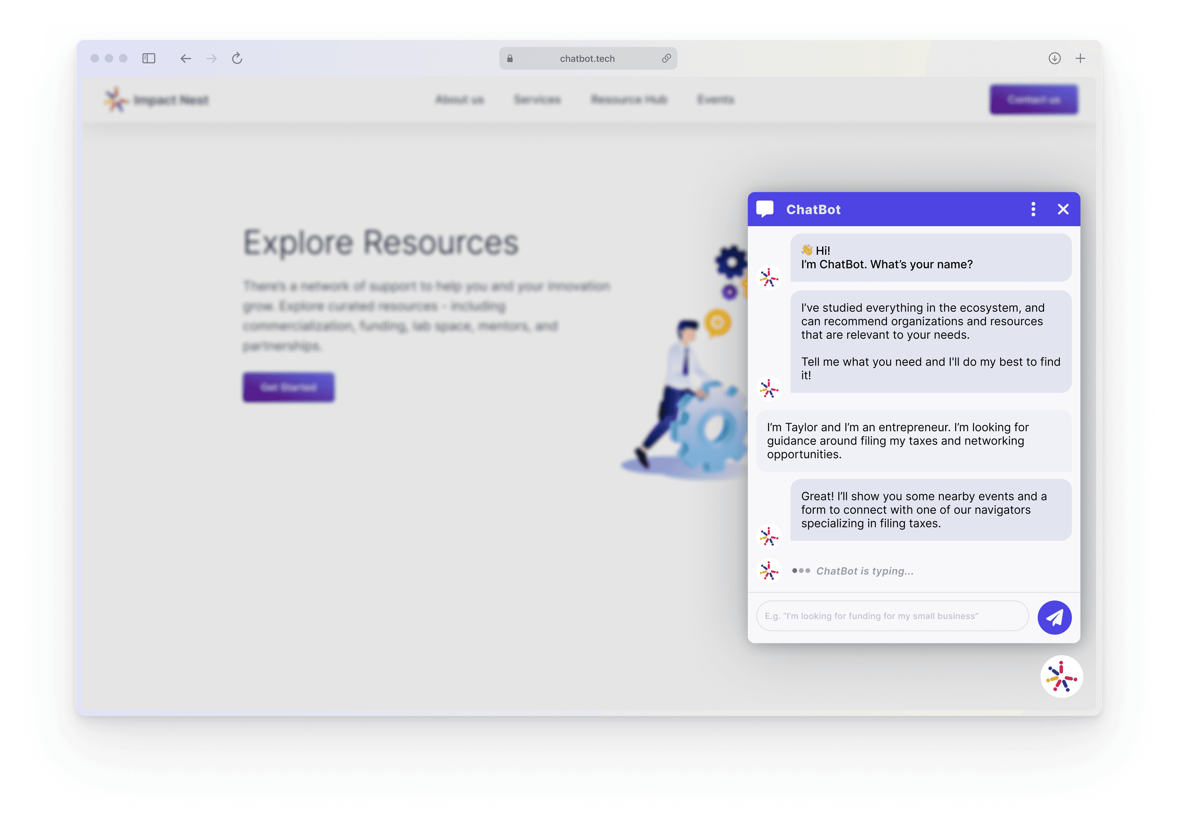 EcoMap Chatbot interface answering ecosystem resource questions.