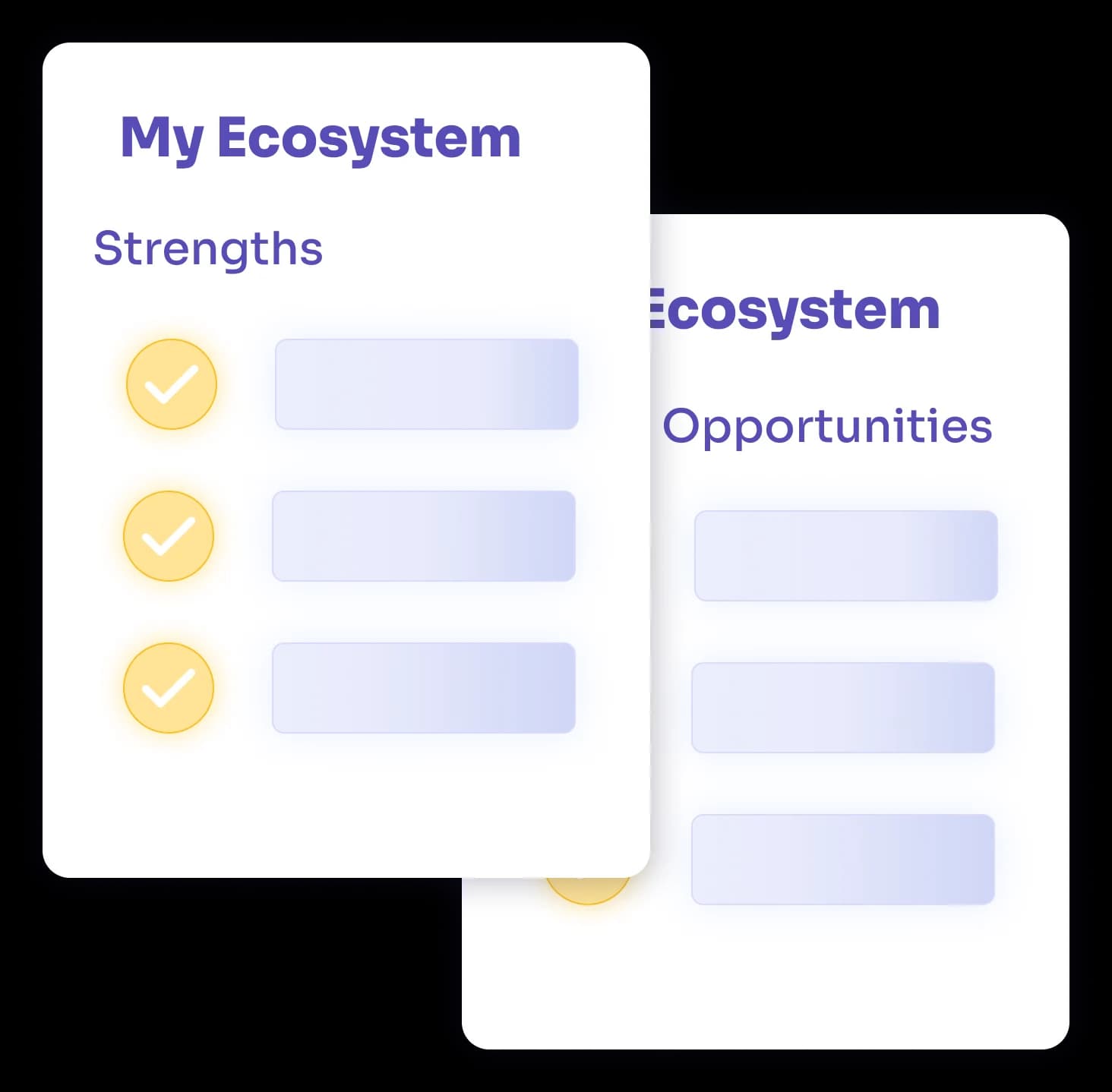 illustration of 2 papers with checkmarks, reading "My Ecosystem - Strengths, Opportunities"